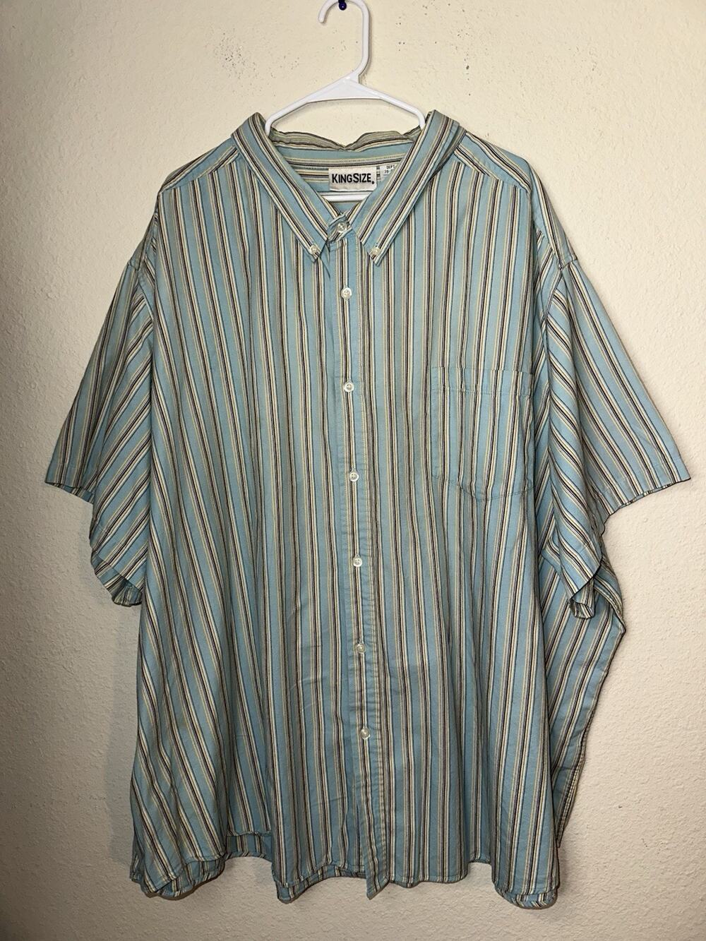 EUC King Size 6XL Short Sleeve Blue White Yellow Vertical Stripe Button Up Shirt
